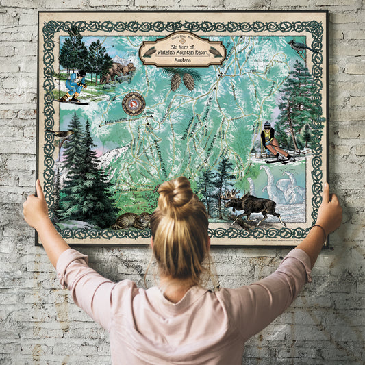 whitefish, whitefish montana, big mountain, montana map, montana ski map, skier gift, skier wall art, skier art, winter artwork, cabin decor
