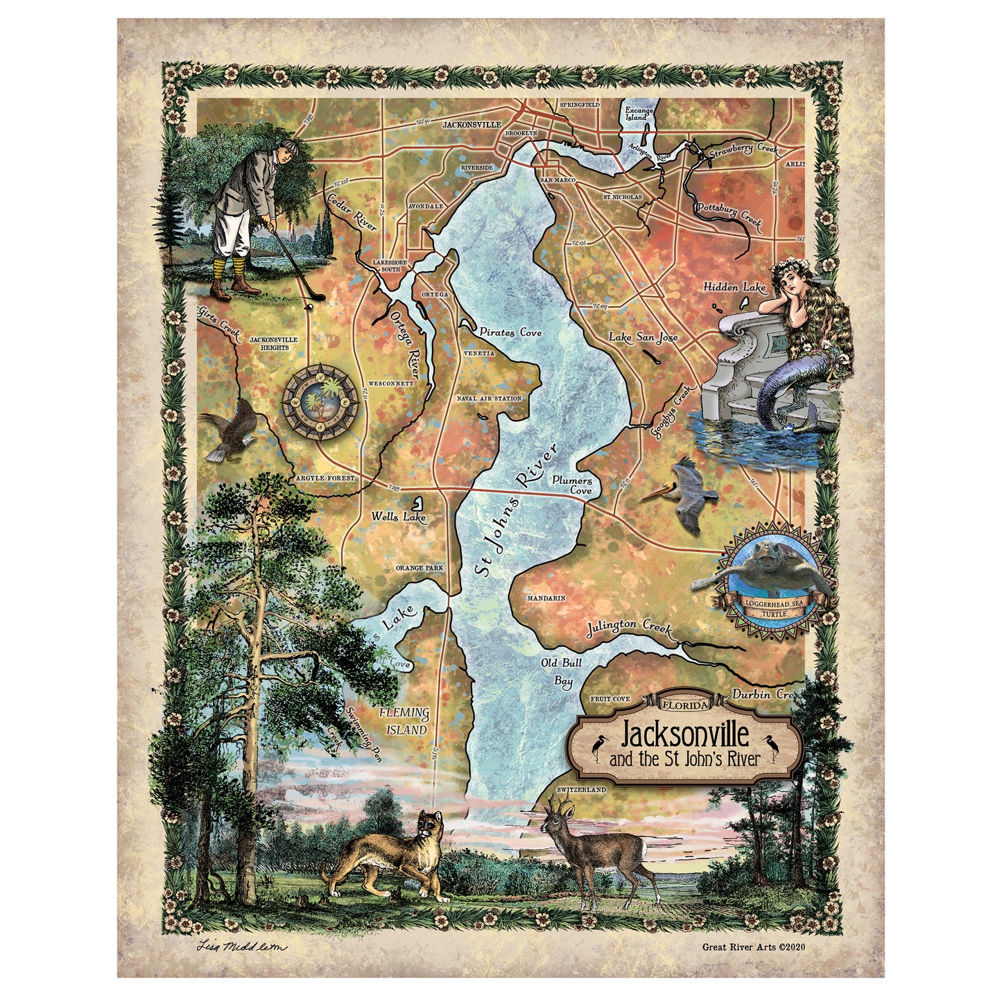 Great River Arts Jacksonville and The St. John's River Historic Map Reproduction Artwork Wall Art Print Vintage