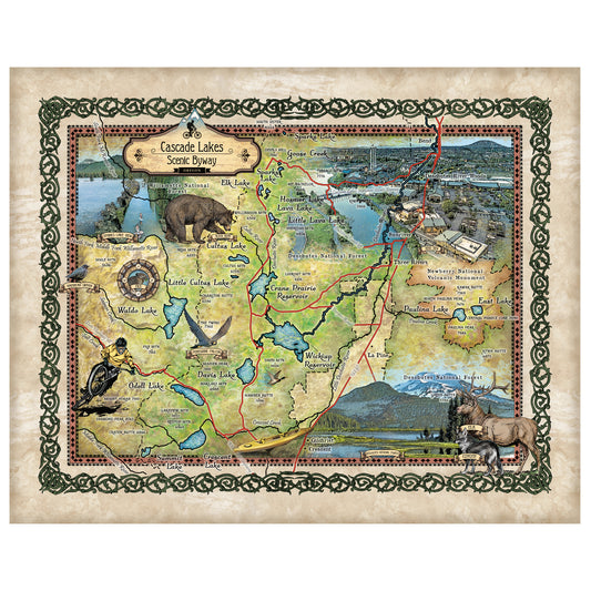 Cascade Lakes Oregon Byway Historic Map Art Print Poster Artwork Vintage Style Abstract Wall-Unframed Great Home Decor & Gift