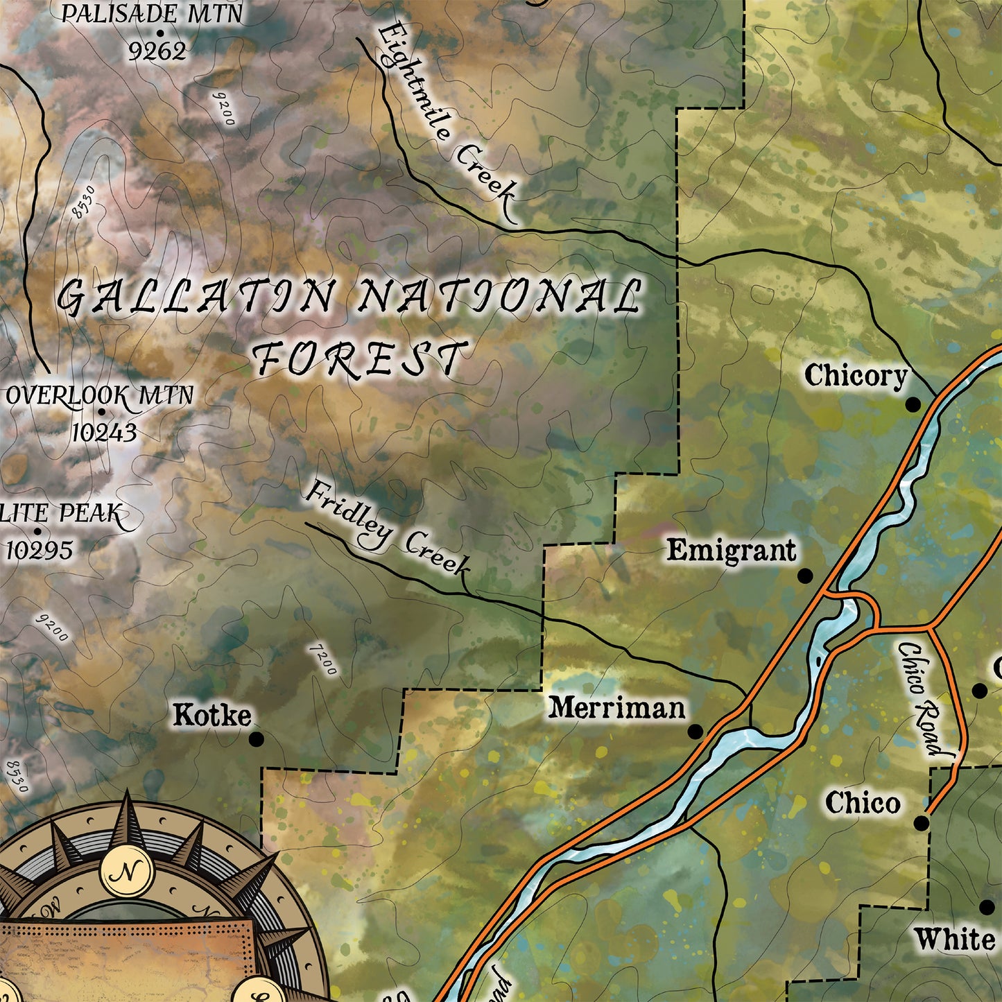 Montana map, paradise valley, bozeman, chico, livingston, yellowstone national park map, montana art, horse art, bear art map hand painted