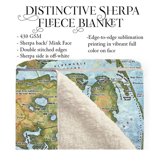 Great River Arts Outer Banks North Carolina Vs.2 Vintage Style Map Sherpa Fleece Blanket Double Stitched Edges Cozy Luxury Fluffy Super Soft 430 GSM Polyester - Sherpa/ Silky/ Polar Fleece Throw Blanket