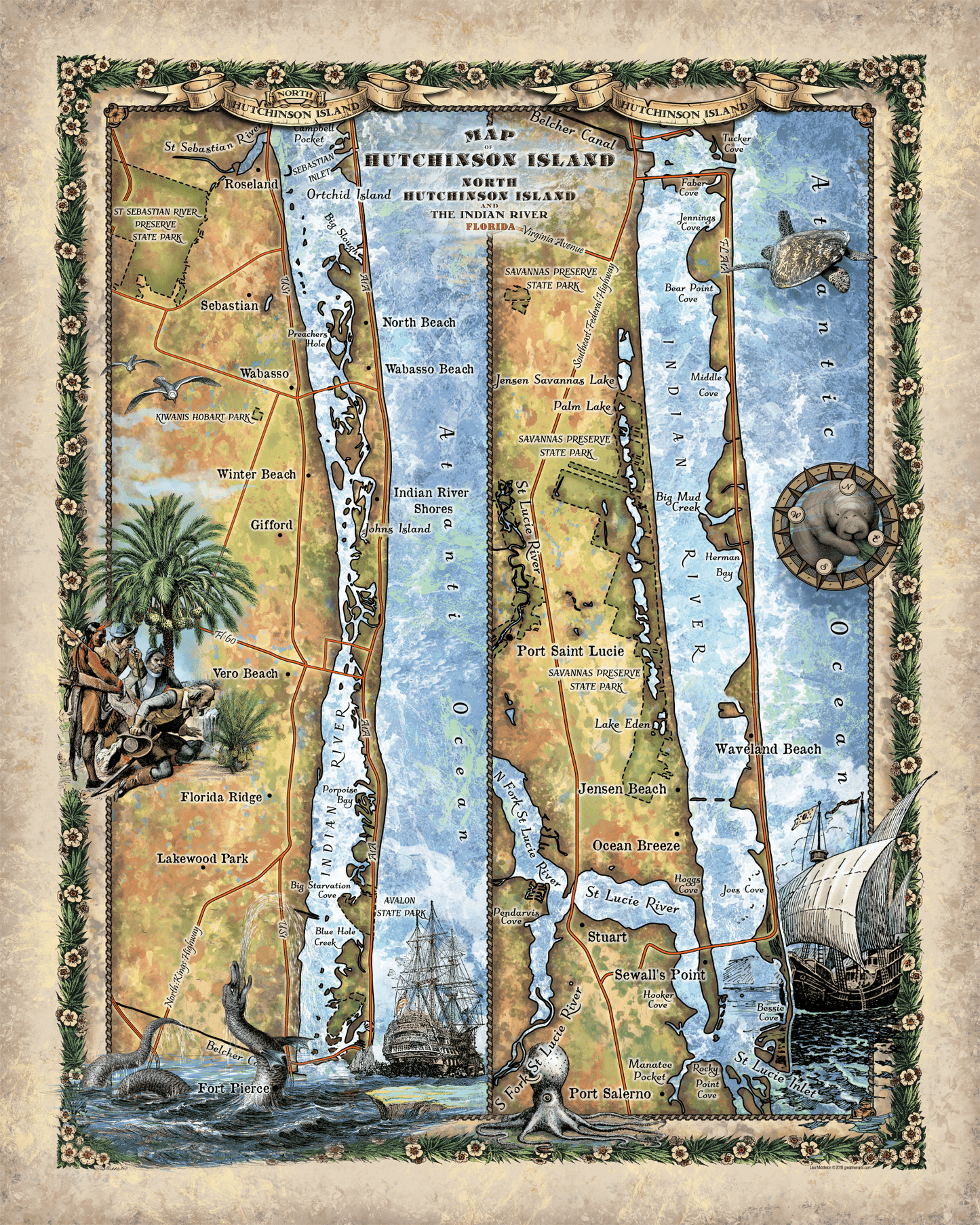 North and South Hutchinson Island Map Blanket Double Stitched Cozy Fluffy Super Soft Polyester - Sherpa/ Silky/ Polar Fleece Throw Blanket