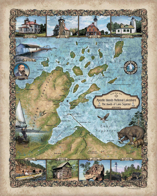 Great lakes art, Apostle Islands, apostle islands map, vintage wall art, great lakes map, great lakes, lake superior art, lake superior map