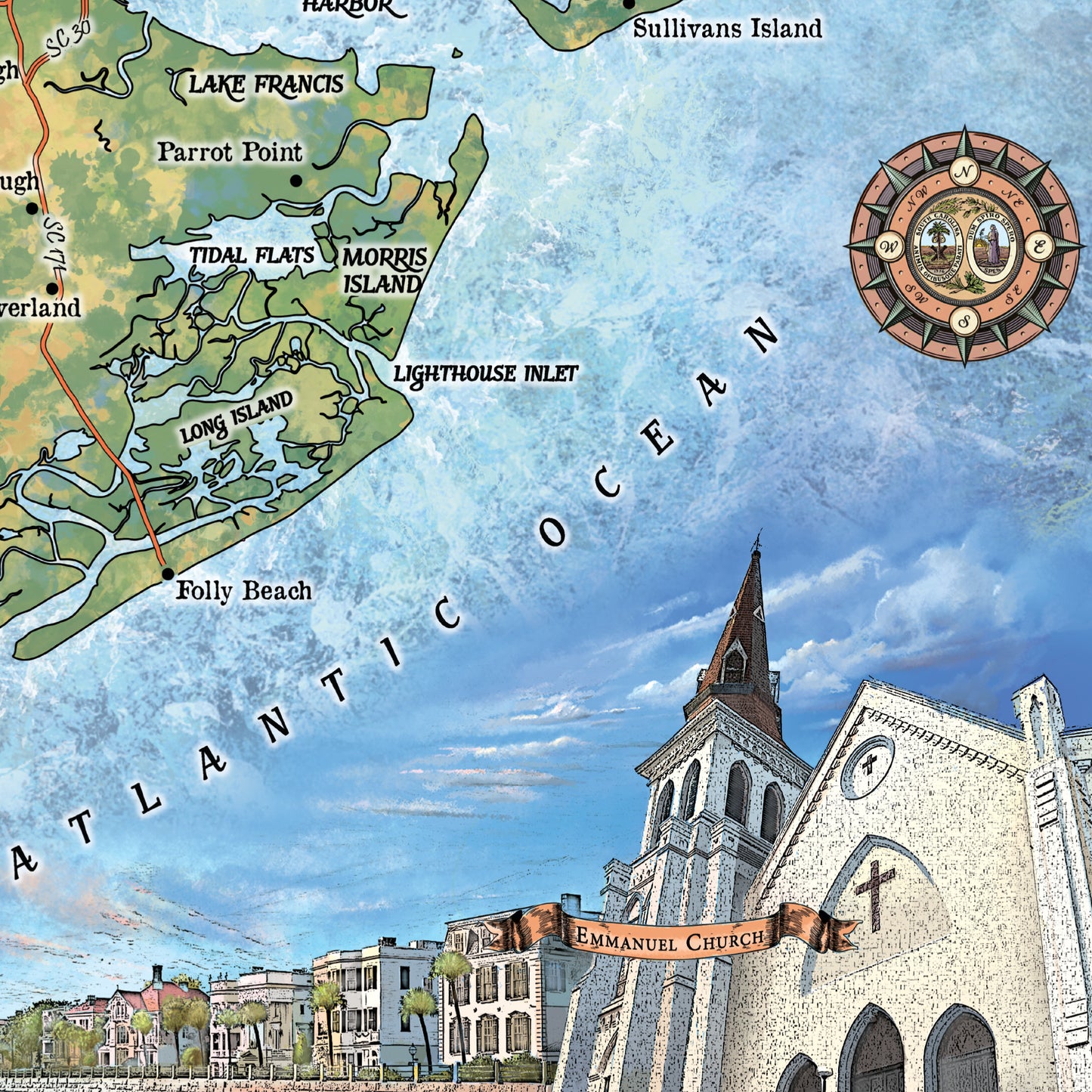 Charleston Historic Antique Map Art Print Poster Vintage Artwork Wall Art Decor For Home Office Livingroom Classroom Lakehouse Any Room Decor & Great Gift