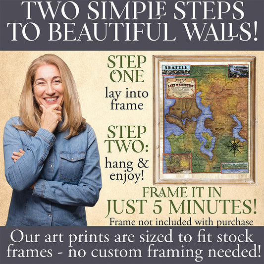 Lake Washington Seattle Historic Map Art Print Poster Artwork Vintage Style Abstract Wall-Unframed Great Home Decor & Gift