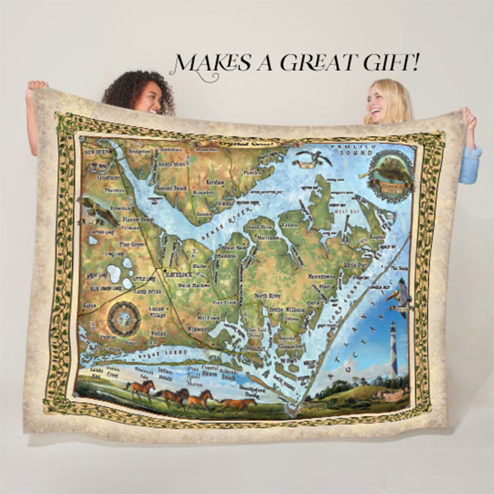 Crystal Coast, Beaufort North Carolina Map Blanket Double Stitched Edges Cozy Luxury Fluffy Super Soft 430 GSM Polyester Throw Blanket