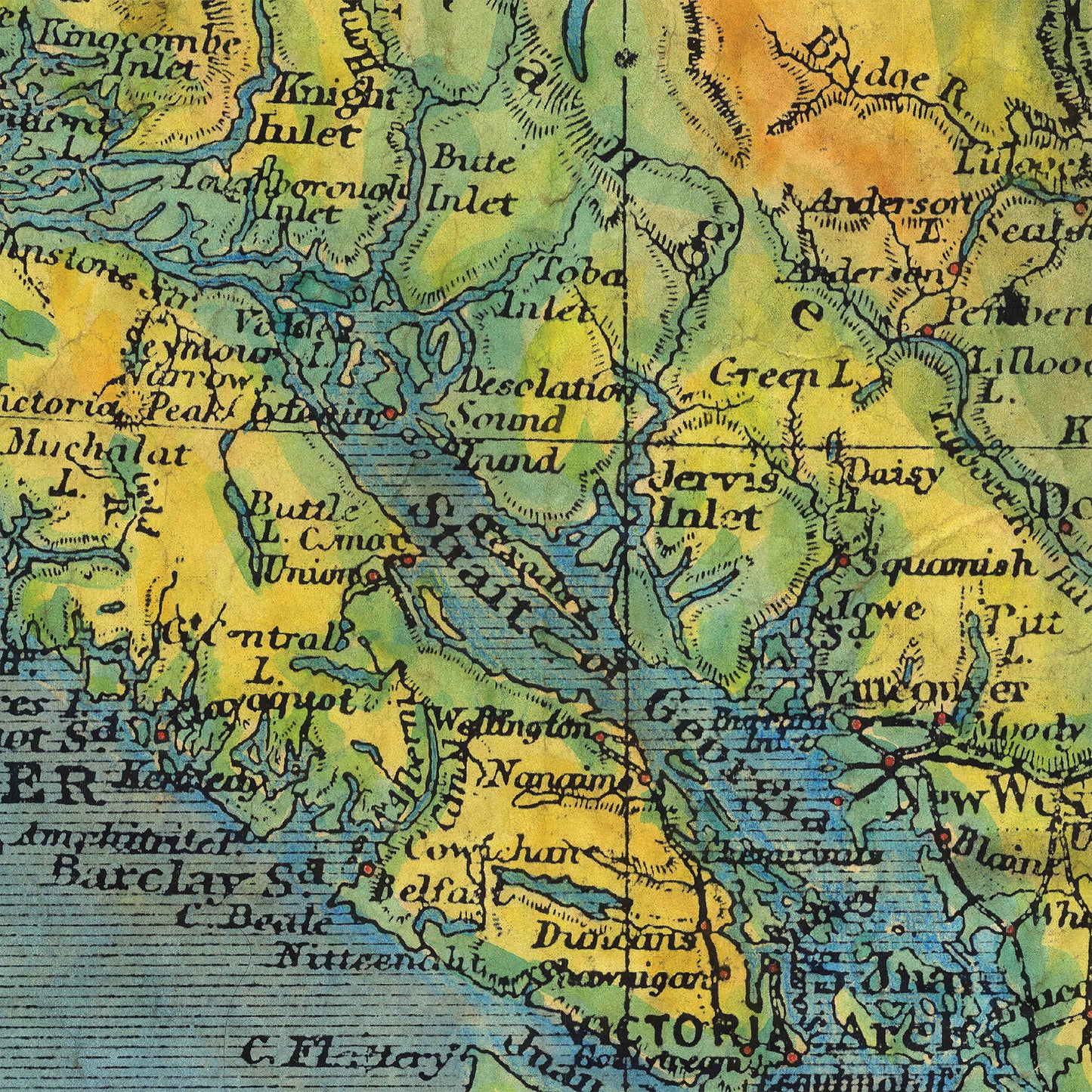 022 British Columbia,Vancouver Island,Canada,Victoria,Carbariboo Mountains,Strait of Georgia 1906 11x14" Great River Arts by Lisa Middleton