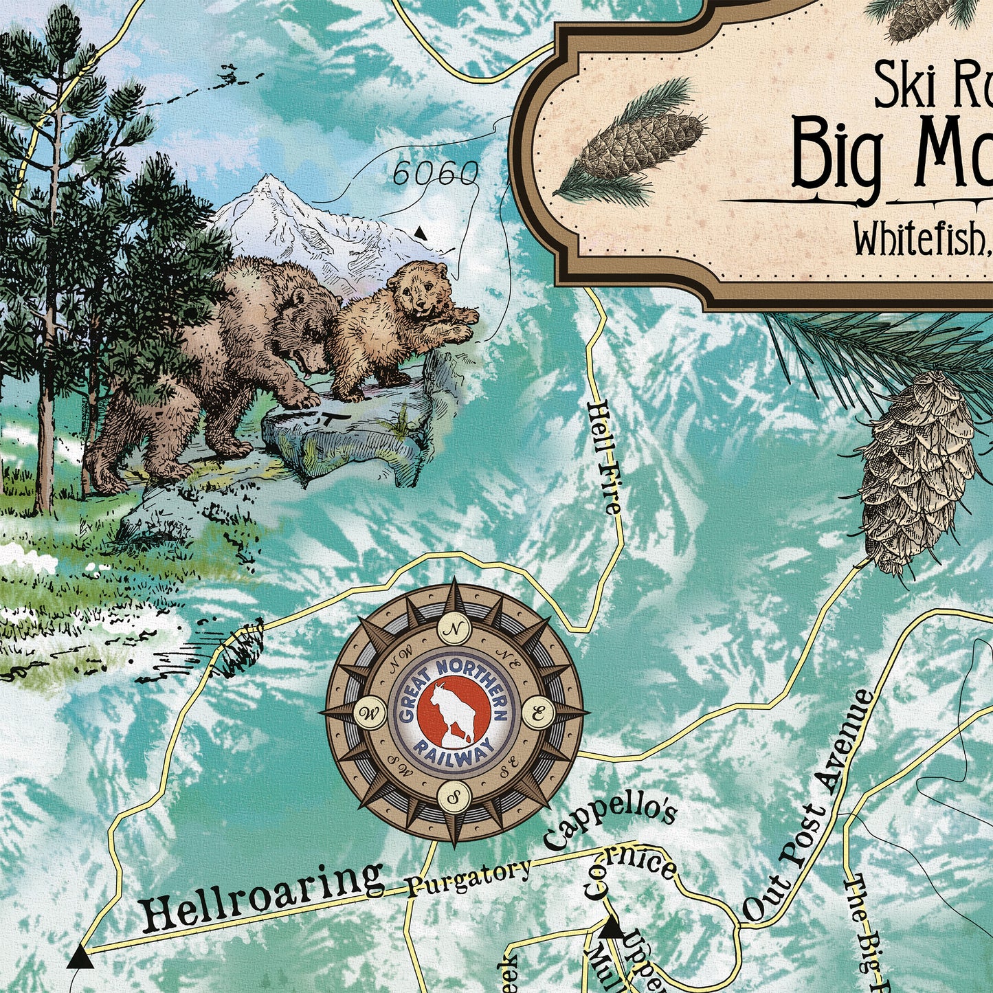 Great River Arts Big Mountain Ski Runs Historic Map Reproduction Artwork Wall Art Print Vintage