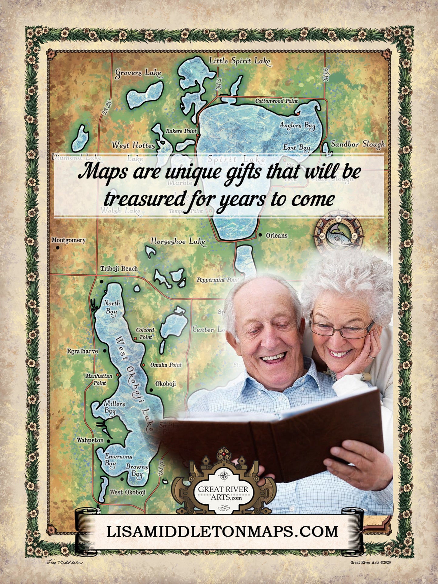 Great River Arts Spirit Lake and Lake Ookoboji Historic Map Reproduction Artwork Wall Art Print Vintage