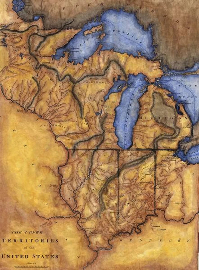 126 Upper Territories of the United States 1814 11x14" hand painted,vintage map,antique map,old map,map art,Great River Arts by Lisa Middlet