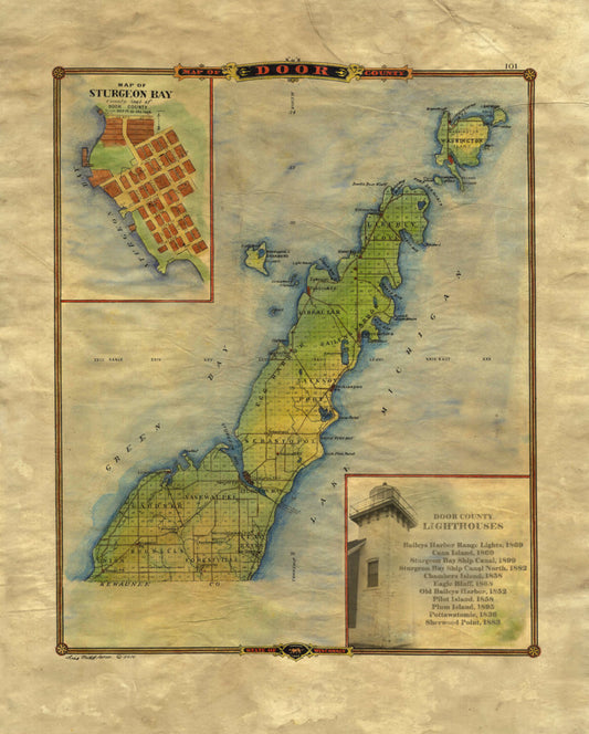 1878 Historic Door County Map Features Lighthouse Inset image