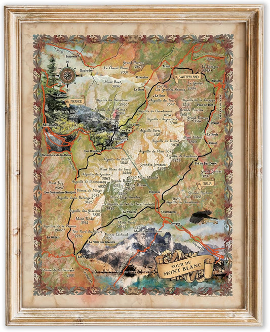 Tour du Mont Blanc Vintage Map Art Print – Hand Painted Unframed Hiking Trail Home Decor, Historic Alps France Italy Switzerland Poster, Great Travel Gift for Outdoor Adventure