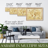 Great River Arts Vintage World Map Canvas Wall Art - Travel Map Print with Compass Rose, Countries and Regions - Decorative Travel Map for Classroom Home Office - Ready to Hang Wall Decor
