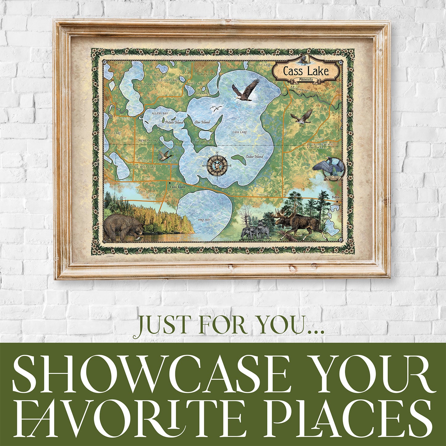 Great River Arts Cass Lake Minnesota Map Art - Ready to Frame Lake House Decor - Great Lakes Map Gift - Vintage Art Print Cabin Decor - Lake House Wall Decor Poster
