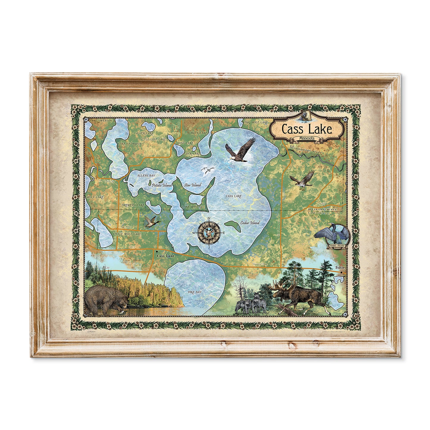 Great River Arts Cass Lake Minnesota Map Art - Ready to Frame Lake House Decor - Great Lakes Map Gift - Vintage Art Print Cabin Decor - Lake House Wall Decor Poster
