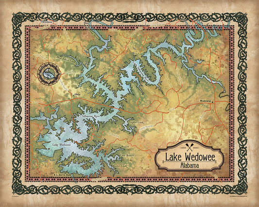 Great River Arts Lake Wedowee Alabama Map Art - Ready to Frame Lake House Decor - Great Lakes Map Gift - Vintage Art Print Cabin Decor - Lake House Wall Decor