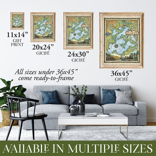Great River Arts Lake of the Woods Minnesota & Ontario Map Art - Ready to Frame Lake House Decor - Great Lakes Map Gift - Vintage Art Print Cabin Decor - Lake House Wall Decor Poster