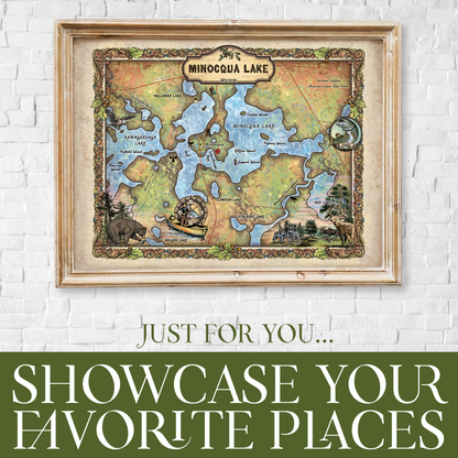 Great River Arts Minocqua Chain of Lakes Map Art - Wisconsin Lakes Map Gift - Ready to Frame Lake House Decor - Vintage Art Print Cabin Decor - Lake House Wall Decor Poster for Living Room