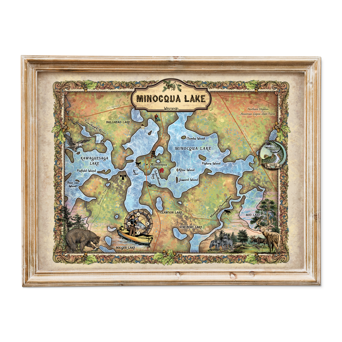 Great River Arts Minocqua Chain of Lakes Map Art - Wisconsin Lakes Map Gift - Ready to Frame Lake House Decor - Vintage Art Print Cabin Decor - Lake House Wall Decor Poster for Living Room