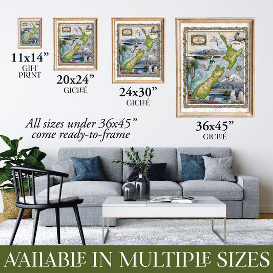 Great River Arts New Zealand Trails Map Art - Premium Travel Map Poster - Vintage Style Art Print Map for Living Room Bedroom - Travel Gift for Hikers - Wall Art Home Decor