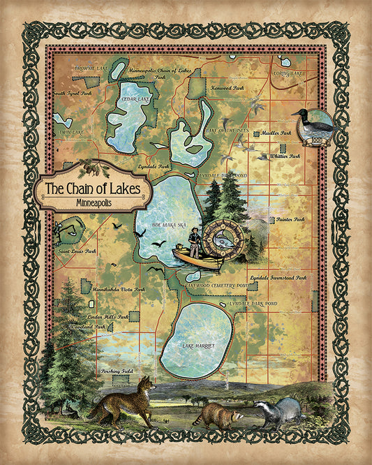Great River Arts The Chain of Lakes Minneapolis Minnesota Map Art - Ready to Frame Lake House Decor - Great Lakes Map Gift - Vintage Art Print Cabin Decor - Lake House Wall Decor