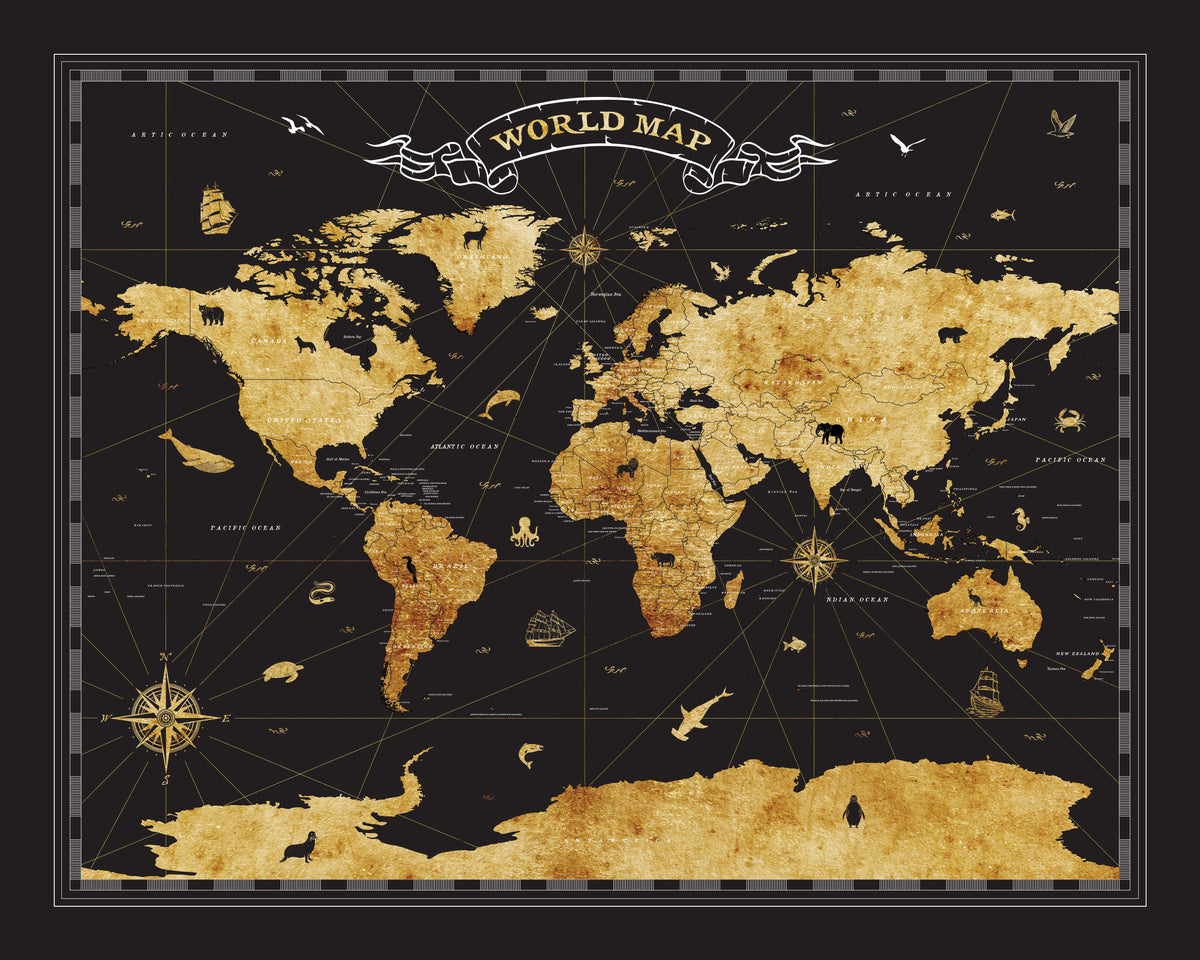 Great River Arts Black and Gold World Map Pinboard – Push Pin Travel Map Canvas Wall Art - Cork Board World Travel Tracker Board with Pins for Home or Office Decor