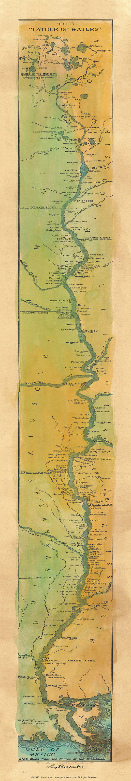 Great River Arts Father of Waters 1887 Mississippi River Map Art Gift - Paper Wall Map Art for Travelers - Lisa Middleton House Decor Artwork - Print Historical Map Poster Wall Decor