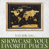 Great River Arts Black and Gold World Map Pinboard – Push Pin Travel Map Canvas Wall Art - Cork Board World Travel Tracker Board with Pins for Home or Office Decor