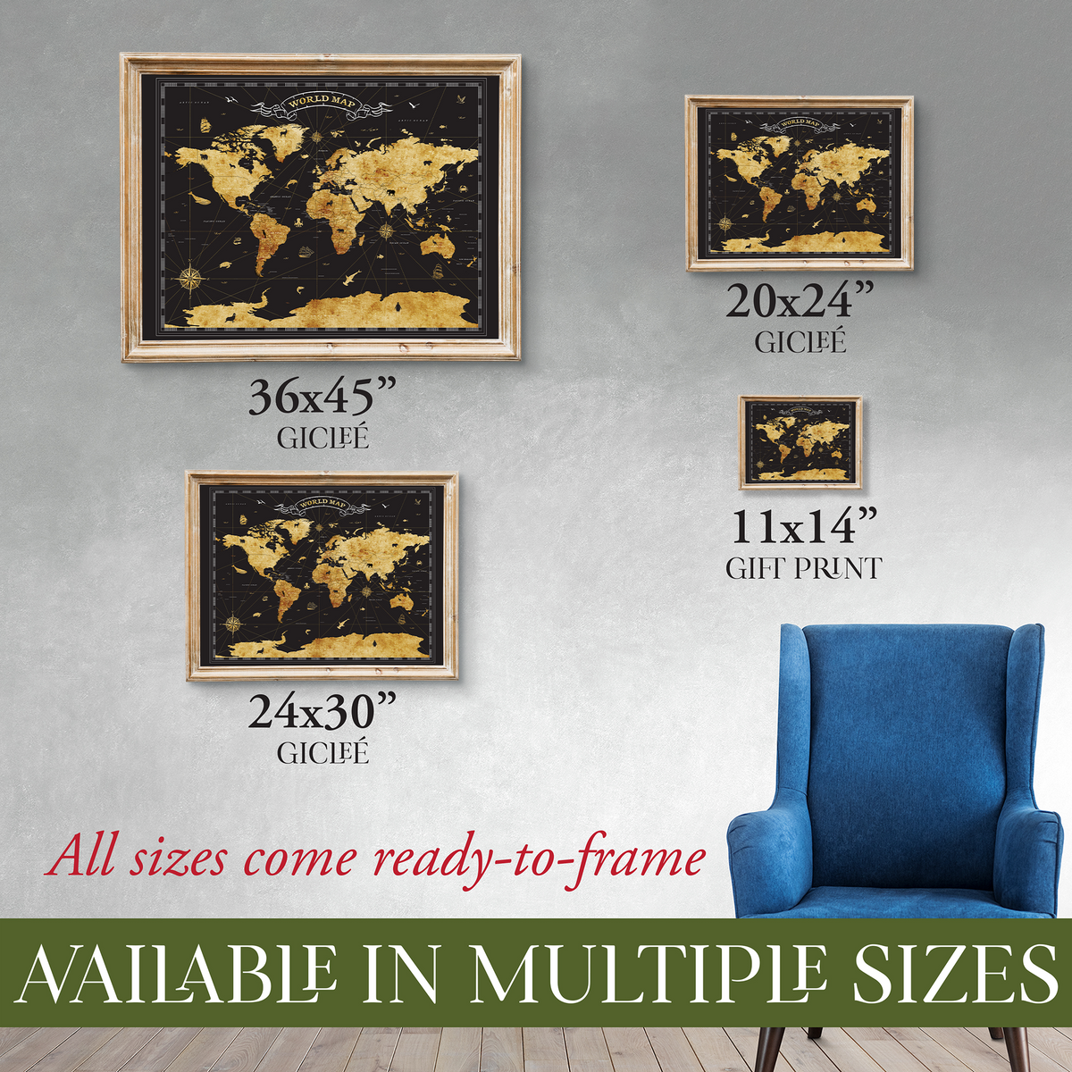 Great River Arts Black and Gold World Map Pinboard – Push Pin Travel Map Canvas Wall Art - Cork Board World Travel Tracker Board with Pins for Home or Office Decor