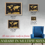 Great River Arts Black and Gold World Map Pinboard – Push Pin Travel Map Canvas Wall Art - Cork Board World Travel Tracker Board with Pins for Home or Office Decor