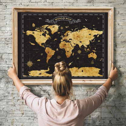 Great River Arts Black and Gold World Map Pinboard – Push Pin Travel Map Canvas Wall Art - Cork Board World Travel Tracker Board with Pins for Home or Office Decor