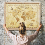 Great River Arts Vintage World Map Canvas Wall Art - Travel Map Print with Compass Rose, Countries and Regions - Decorative Travel Map for Classroom Home Office - Ready to Hang Wall Decor