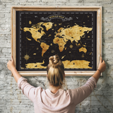 Great River Arts Black and Gold World Map Pinboard – Push Pin Travel Map Canvas Wall Art - Cork Board World Travel Tracker Board with Pins for Home or Office Decor