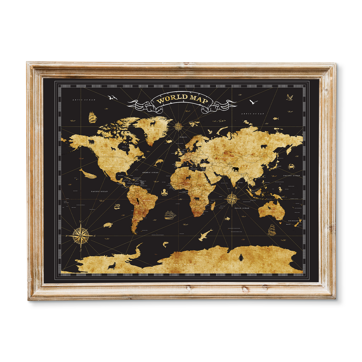 Great River Arts Black and Gold World Map Pinboard – Push Pin Travel Map Canvas Wall Art - Cork Board World Travel Tracker Board with Pins for Home or Office Decor