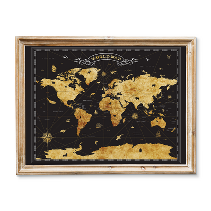 Great River Arts Black and Gold World Map Pinboard – Push Pin Travel Map Canvas Wall Art - Cork Board World Travel Tracker Board with Pins for Home or Office Decor