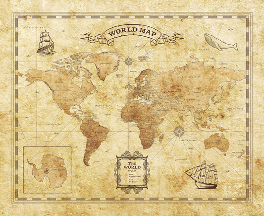Great River Arts Vintage World Map Canvas Wall Art - Travel Map Print with Compass Rose, Countries and Regions - Decorative Travel Map for Classroom Home Office - Ready to Hang Wall Decor