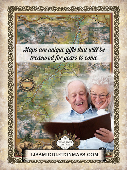 Montana map, paradise valley, bozeman, chico, livingston, yellowstone national park map, montana art, horse art, bear art map hand painted