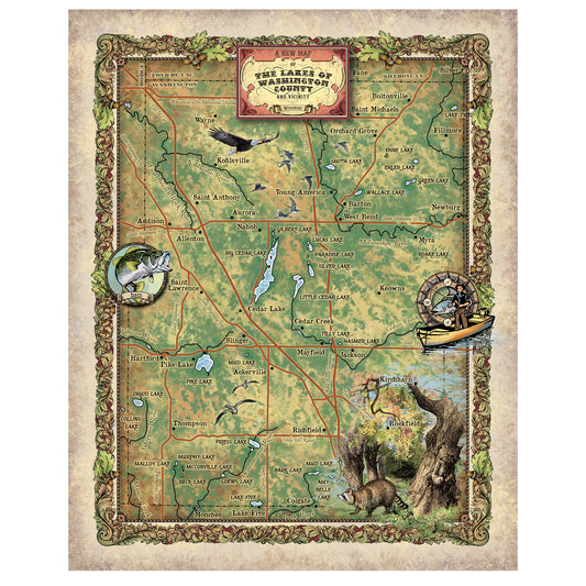 The Lake of Washington County and Vicinity Wisconsin Map Art Print Poster Artwork Vintage Abstract Wall-Unframed Great Home Decor & Gift