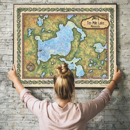 Great River Arts Ten Mile Lake Historic Map Reproduction Artwork Wall Art Print Vintage