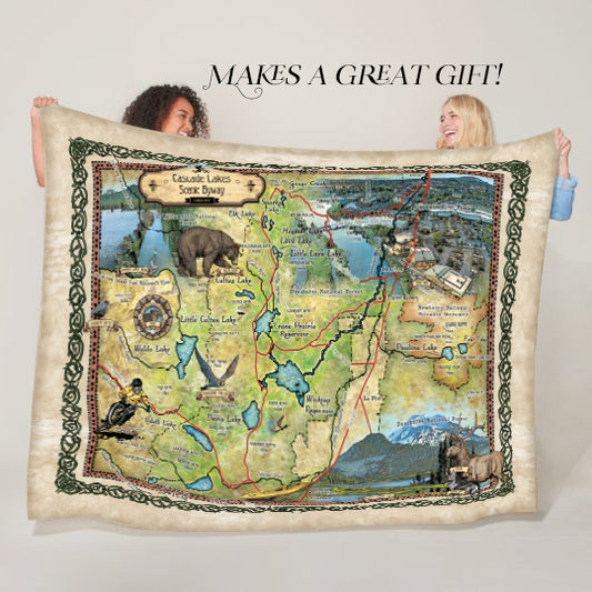 Cascade Lakes Oregon Historic Map Art Throw Blanket Polar/ Silky/ Sherpa Fleece Vintage Blanket For Bed Sofa Chair Couch Gift & Traveling