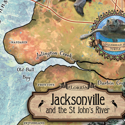 Great River Arts Jacksonville and The St. John's River Historic Map Reproduction Artwork Wall Art Print Vintage