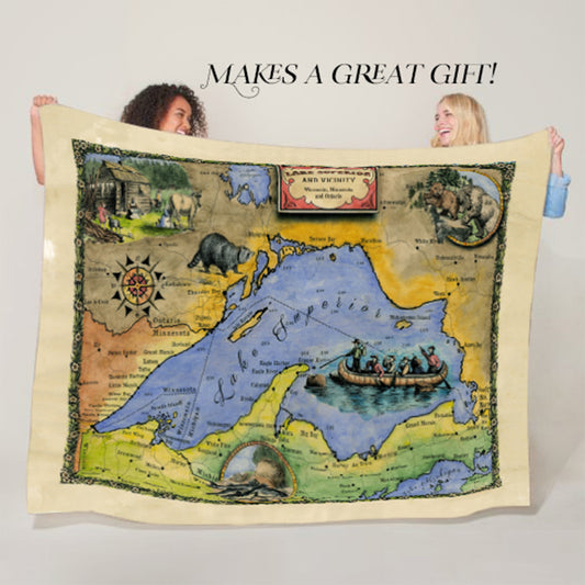 Lake Superior Minnesota Wisconsin Canada Map Blanket Double Stitched Edges Cozy Luxury Fluffy Super Soft 430 GSM Polyester Throw Blanket