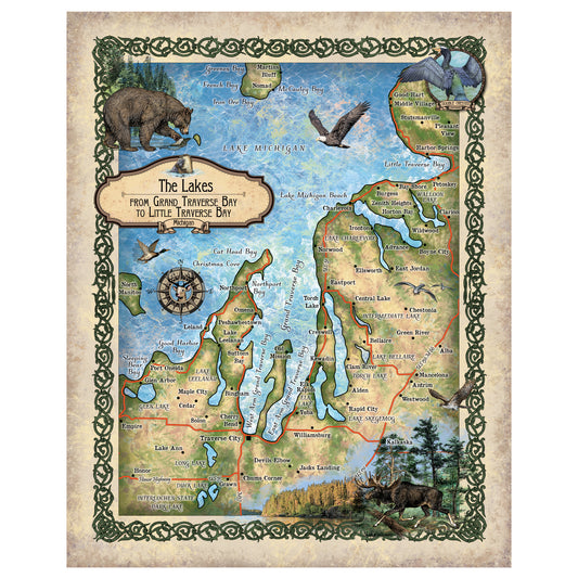 Petoski Lakes Traverse City Michigan Historic Map Art Print Poster Artwork Vintage Style Abstract Wall-Unframed Great Home Decor & Gift