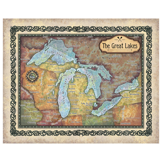 Great lakes map, lake superior, Michigan, Erie, Huron, Canada map, lake art, rustic decor, great lakes decor, cabin art, lake art, wall map