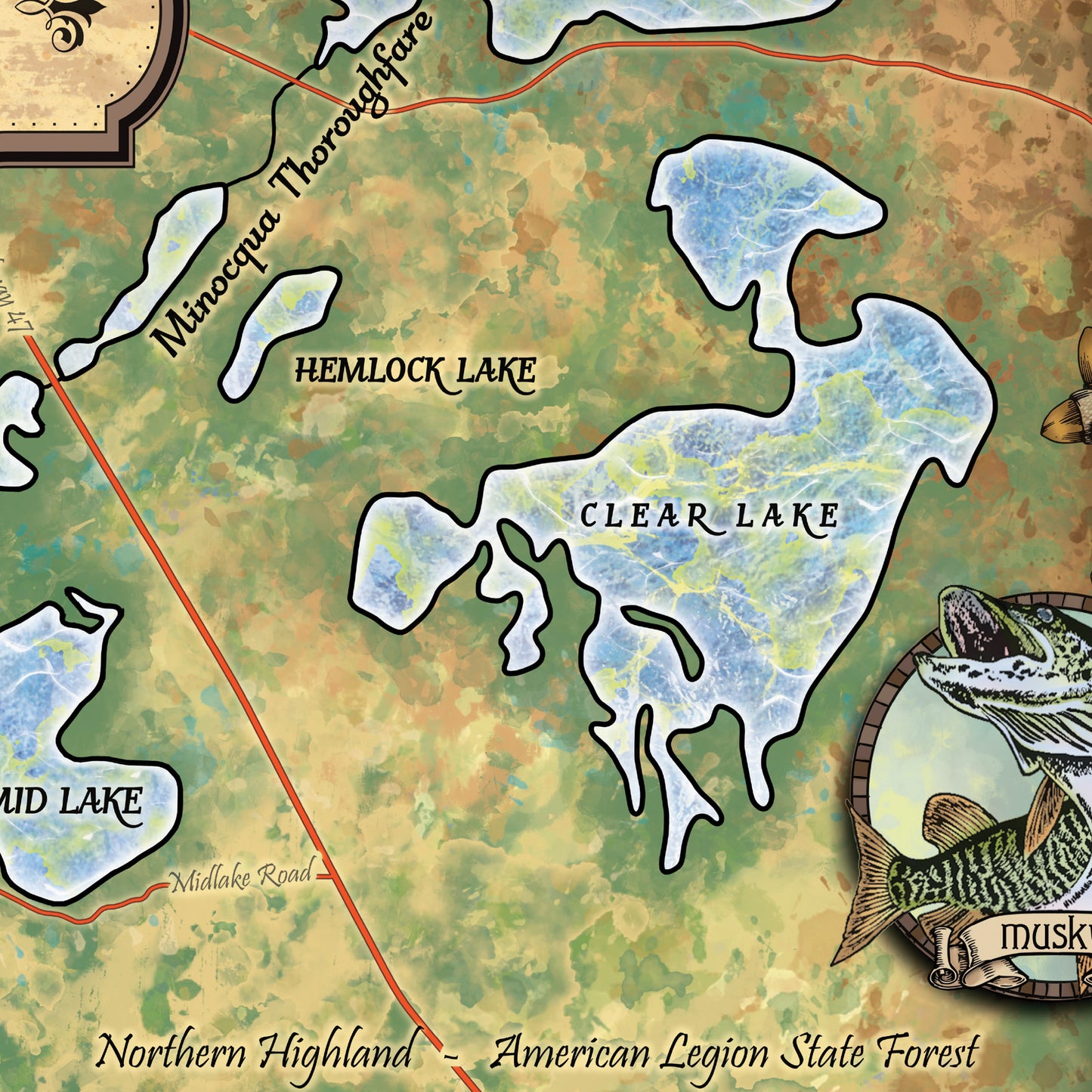 Minocqua Chain of Lakes Wisconsin Historic Map Art Print Poster Artwork Vintage Style Abstract Wall-Unframed Great Home Decor & Gift