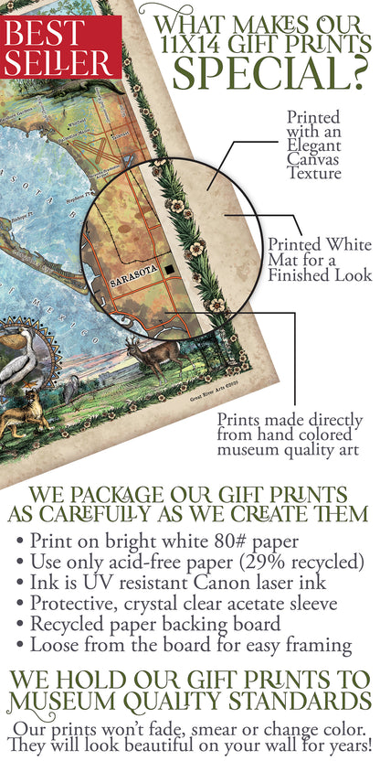 Sarasota, florida map, sarasota map, florida gifts, old florida map, coastal decor, beach decor, florida art, Longboat Key, beach house orig