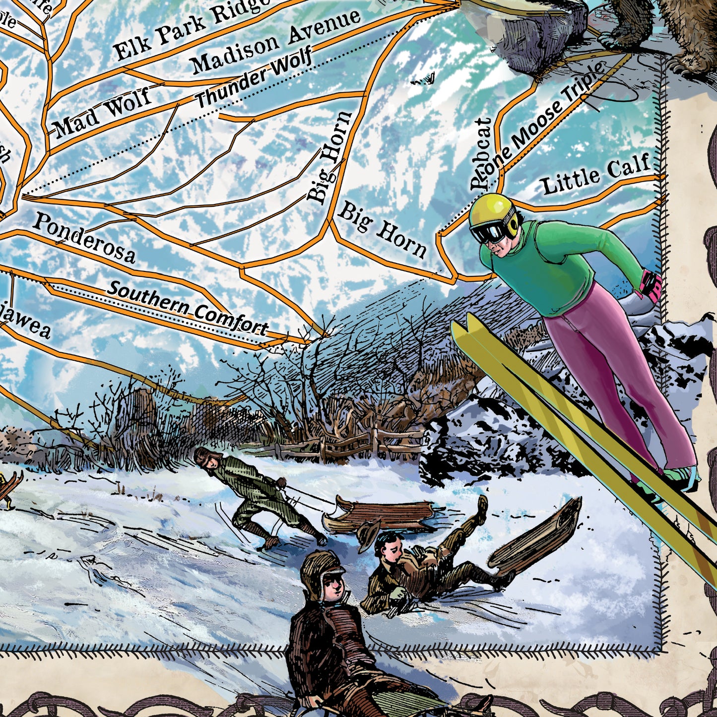 Big Sky Ski Runs Montana Historic Map Art Print Poster Artwork Vintage Style Abstract Wall-Unframed Great Home Decor & Gift