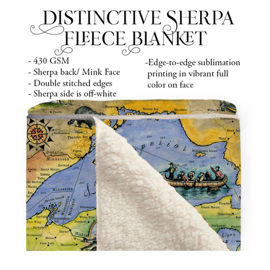 Lake Superior Minnesota Wisconsin Canada Map Blanket Double Stitched Edges Cozy Luxury Fluffy Super Soft 430 GSM Polyester Throw Blanket