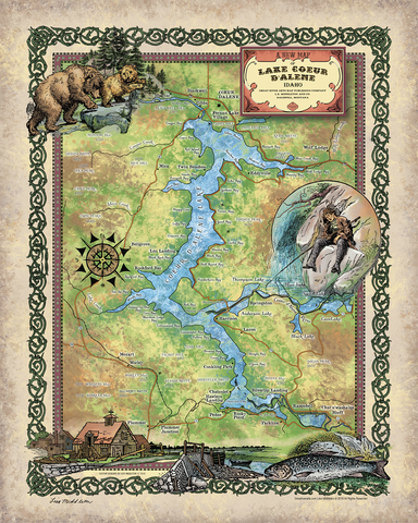 276-Ornate Lake Coeur D'Alene, Idaho Custom Map by Lisa Middleton