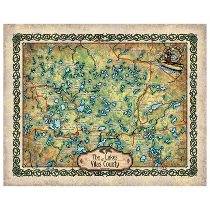 Lakes of Vilas County Wisconsin Historic Map Art Print Poster Artwork Vintage Style Abstract Wall-Unframed Great Home Decor & Gift